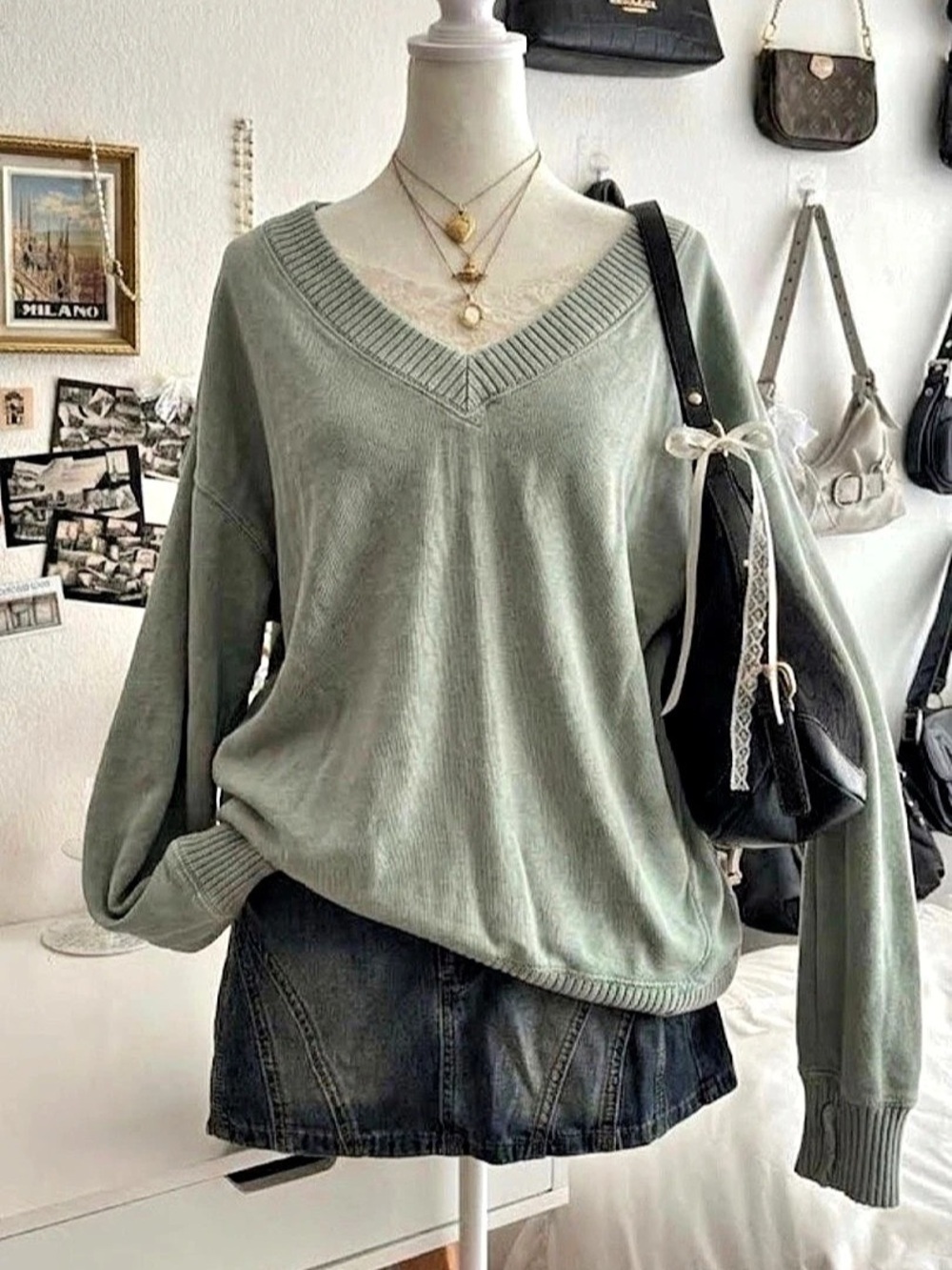 aerie Sage Green Oversized V-Neck Off the Shoulder Sweater Size Small